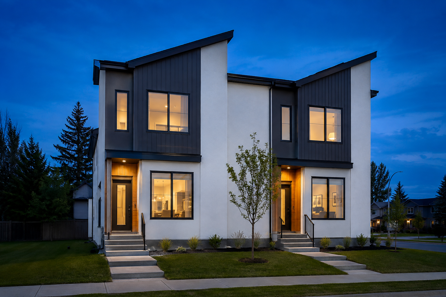 Illustration of contemporary Alberta-style rental homes with warmly lit windows at dusk